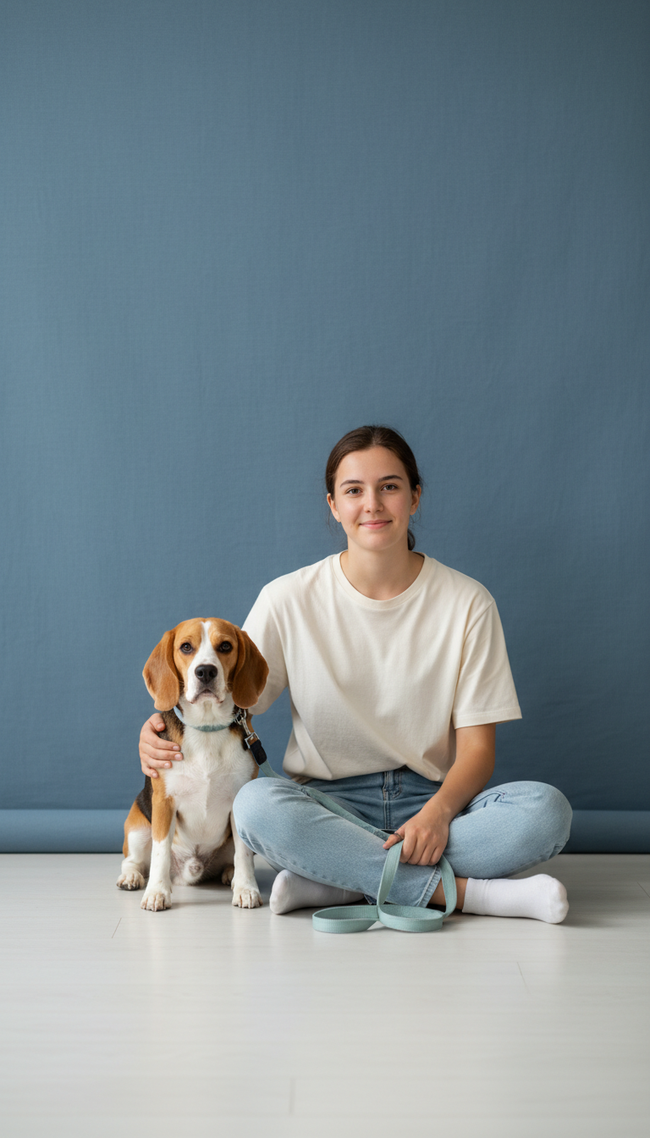 Student Walker with Beagle on Leash