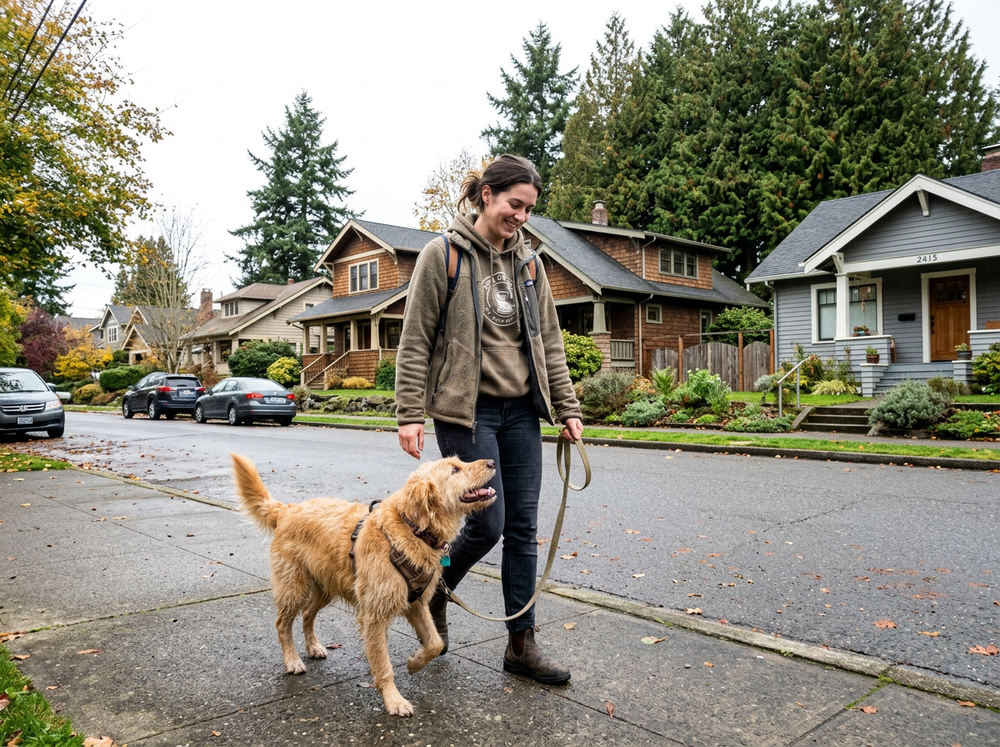 Realistic photo of a caregiver walking a dog in a Bellingham neighborhood