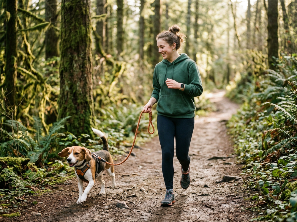 Experienced petsitter jogging with a beagle on a forested trail