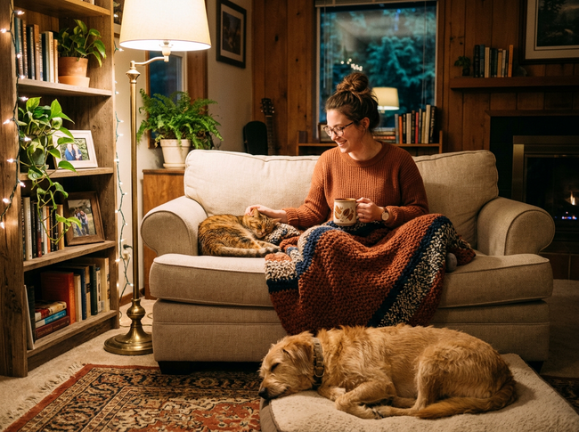 Dedicated petsitter relaxing at home with a cat and dog during an overnight stay